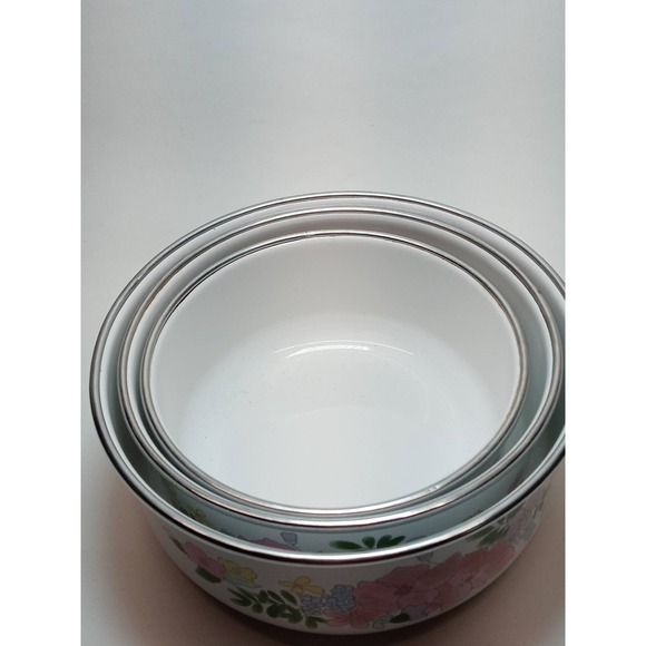 Vintage Kobe Enamel Stacking Bowls Pink Purple Flowers Set of 3 JC Penny (b7) - Picture 3 of 6